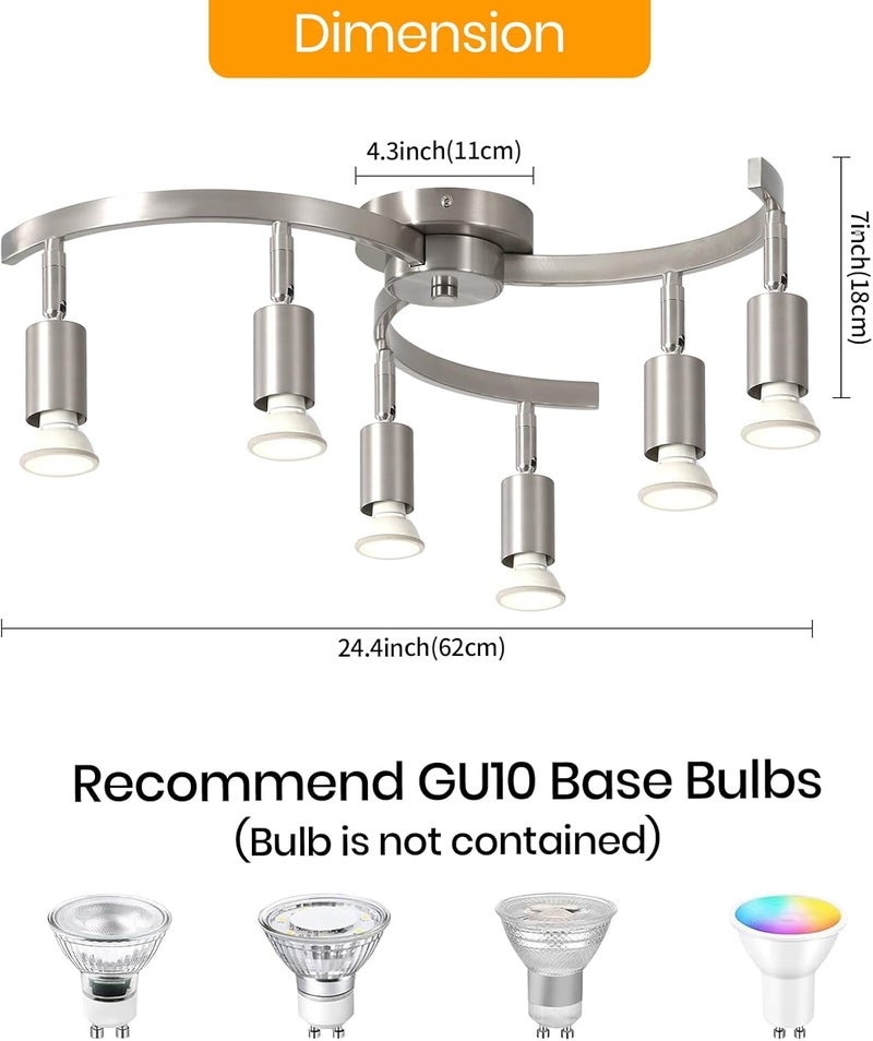 SEEBLEN 6 Light Track Lighting Fixtures Ceiling, Flexibly Rotatable Light Heads, Nickel Semi Flush Mount Ceiling Light for Kitchen Dining Room Living Room.Gu10 Bulb Base. - Image 2